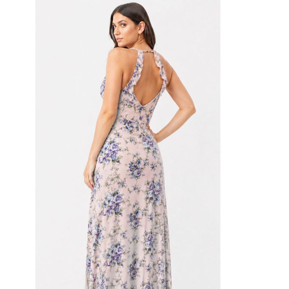 Forever 21 Floral Ruffle Maxi Dress Medium Pink Blue Rose Button Front